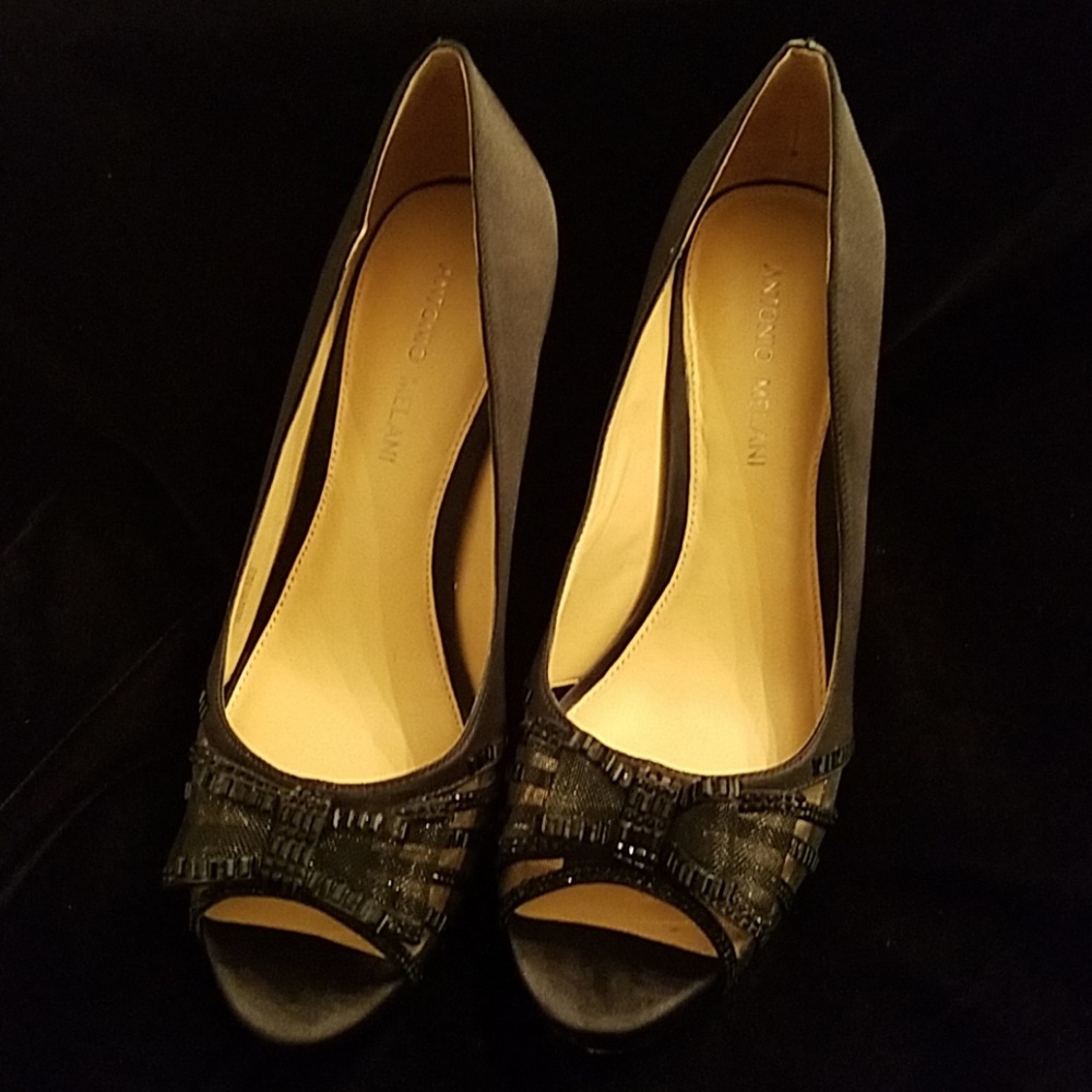 $25:  Antonio Melani Black Satin Peep-ToePumps